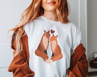 T-Shirt Füchse Liebe Paarshirt Fuchs Geschenk Biobaumwolle - Cottagecore Shirt Kleidung - Fox Gift Outfit Couple Fox Shirt - Geschenk Frau