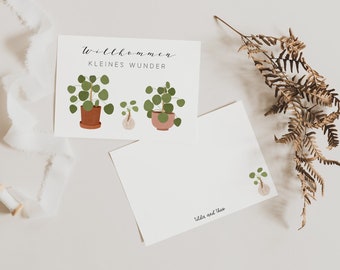 Postcard Baby Birth "Welcome Little Miracle" - Pilea Plant - Plant with Offshoot Birth Card - Birth Gift