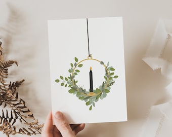 Christmas card eucalyptus wreath A6 Christmas greeting card - door wreath branches candle Christmas card - postcard minimalist simple