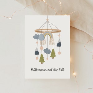 Postkarte zur Geburt Mobile "Willkommen auf der Welt" - A6 Karte zur Geburt - Baby Karte Geburtstag