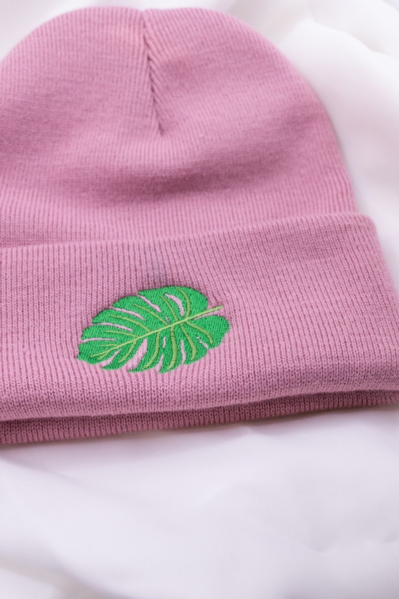 Monstera Hat Beanie Embroidered Plant Houseplant Gift Winter Hat Pink Gift Plantmom Potted Plant Monstera Gift Idea image 7