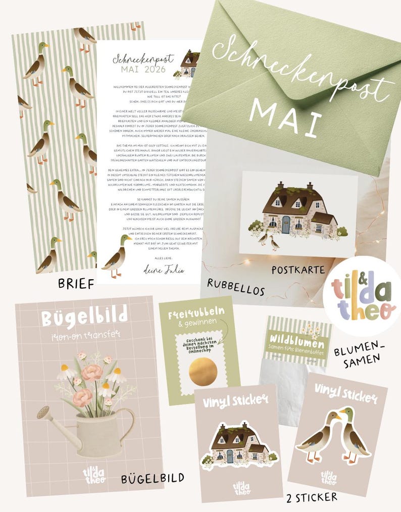 May include: A stationery set featuring a letter with mallard duck illustrations, a green envelope labeled Schneckenpost Mai, a cottage postcard, a scratch-off card, a packet of wildflower seeds, an iron-on transfer with a watering can, and two vinyl stickers.