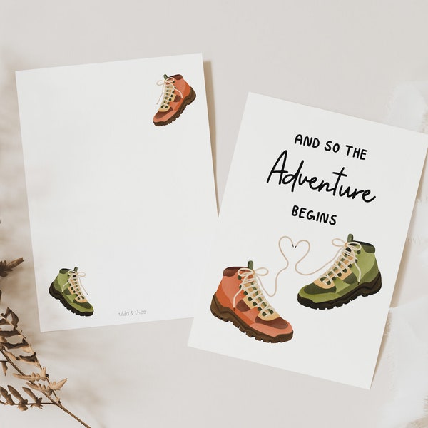 Postkarte Wandern zur Hochzeit / Jahrestag - Postkarte Wanderschuhe Hochzeit - Geschenk Jahrestag Reise - Grußkarte Abenteuer