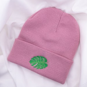Monstera Hat Beanie Embroidered Plant Houseplant Gift Winter Hat Pink Gift Plantmom Potted Plant Monstera Gift Idea image 4