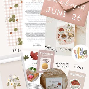 May include: A stationery set featuring a pink envelope labeled Schneckenpost JUNI 26, a letter with strawberry patterns, a postcard of a picnic, a scratch-off card, a notepad with a flower bouquet, a vinyl strawberry sticker, and a round logo sticker.