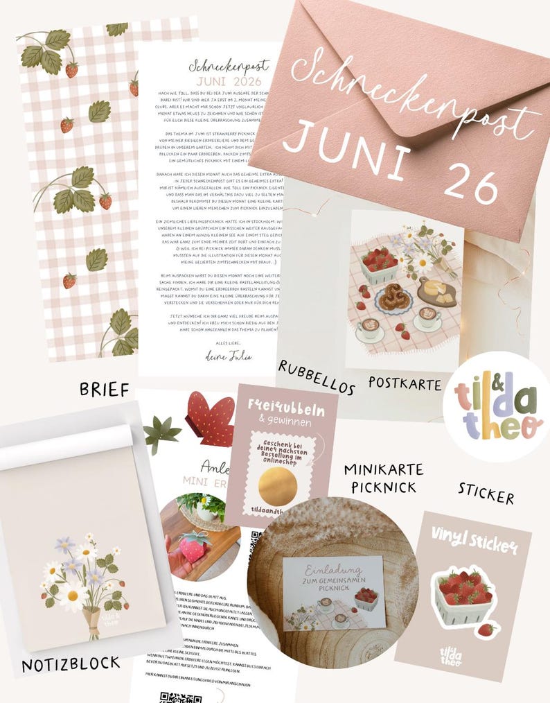 May include: A stationery set featuring a pink envelope labeled Schneckenpost JUNI 26, a letter with strawberry patterns, a postcard of a picnic, a scratch-off card, a notepad with a flower bouquet, a vinyl strawberry sticker, and a round logo sticker.