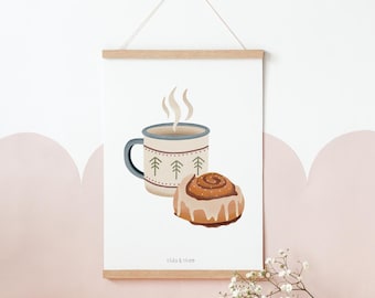 Poster Camping Cup & Cinnamon Roll Norway - Art Print Kanelbulle and Coffee Sweden Scandinavia Print - Wall Decoration Camper Travel