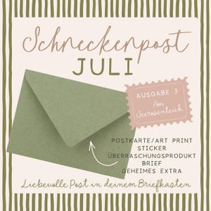 May include: A light pink graphic featuring a green envelope and a stamp-shaped label with the text "Schneckenpost JULI", "AUSGABE 3 Am Seerosenteich", and a list of items including "POSTKARTE/ART PRINT", "STICKER", "&Uuml;BERRASCHUNGSPRODUKT", "BRIEF", "GEHEIMES EXTRA".