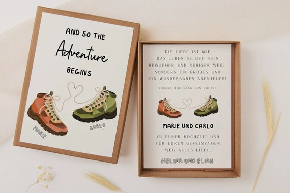 Geschenkschachtel Hochzeit Wanderschuhe - Geldgeschenk Hochzeit Wandern - Schachtel Hochzeit Natur Reise - Hochzeitsgeschenk personalisiert