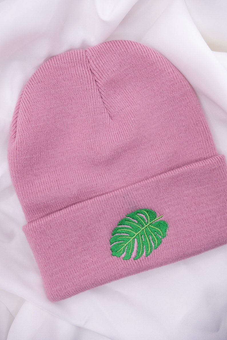 Monstera Hat Beanie Embroidered Plant Houseplant Gift Winter Hat Pink Gift Plantmom Potted Plant Monstera Gift Idea image 6