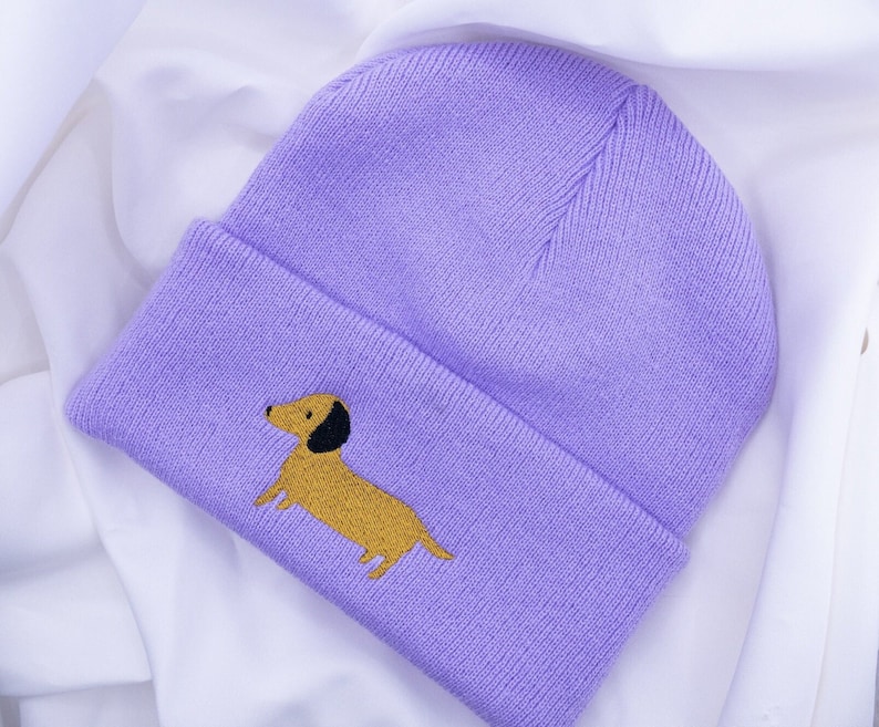 Dachshund Hat Beanie with Embroidered Dog Dachshund Gift Winter Hat Purple Gift Dogmom Dachshund Love Dog Breed Gift Idea image 1