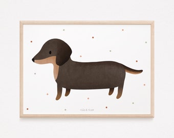 Puede incluir: Un dachshund marrón y negro sobre un fondo blanco. El dachshund mira hacia la izquierda. El fondo tiene pequeños puntos marrones y grises.