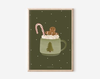 Poster Weihnachten Heiße Schokolade Tasse Lebkuchen - Wanddeko Christmas Mug Weihnachtsdeko - Weihnachtsbaum Poster - Geschenk Winter