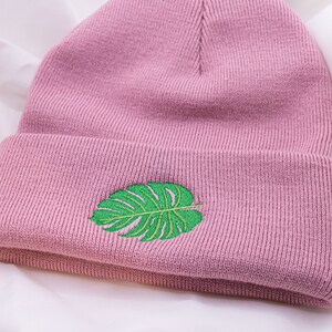 Monstera Hat Beanie Embroidered Plant Houseplant Gift Winter Hat Pink Gift Plantmom Potted Plant Monstera Gift Idea image 5