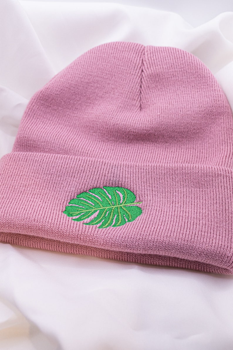 Monstera Hat Beanie Embroidered Plant Houseplant Gift Winter Hat Pink Gift Plantmom Potted Plant Monstera Gift Idea image 5
