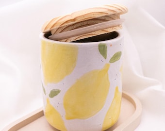 Storage jar lemon hand-painted irregular box lemon branches - ceramic jar gift sugar bowl gift lime with wooden lid