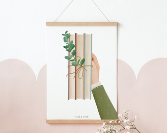 Poster Lesen Bücher Hand auf Bücherstapel Kunstdruck Lesen - Wanddeko Leseecke Geschenk Bücherwurm Lesen - Buch Poster Bücherstapel