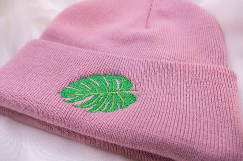 Monstera Hat Beanie Embroidered Plant Houseplant Gift Winter Hat Pink Gift Plantmom Potted Plant Monstera Gift Idea image 2
