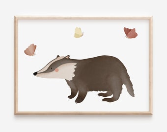 Poster badger in the meadow children's room - A4 / A3 children's poster forest animals - baby room poster - poster badger in spring - gift birth