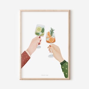 Póster Celebración Cócteles en Manos Impresión Artística Brindis Bebidas Nochevieja - Decoración de Pared Cocina Saludos Póster Vino Espumoso - Regalo Mejor Amigo