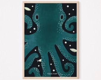 Poster Krake Meer Oktopus - Kinderzimmer Ozean Kinderposter Kraken - Meer Babyzimmer Poster - Kunstdruck Wasser Meerestiere - Geschenk Meer