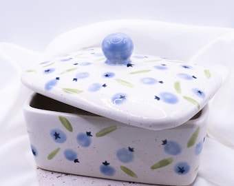 Butter dish blueberry hand-painted storage box Sweden - ceramic jar gift butter box gift blueberries with lid