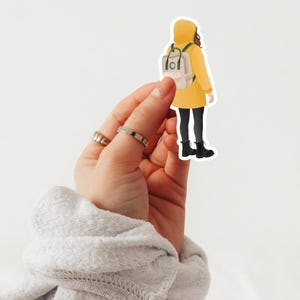 Puede incluir: Una pegatina que representa a una persona con una chaqueta con capucha amarilla, pantalones negros y botas negras, con una mochila blanca. La persona se ve desde atrás. La pegatina se sostiene en una mano con anillos.
