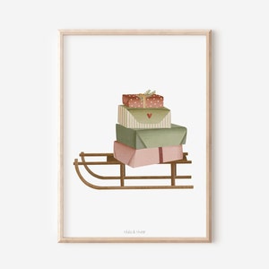 Poster Weihnachten Schlitten Geschenke - Kunstdruck Schlitten - Wanddeko Winterbild Weihnachten - Weihnachtsschlitten Poster Geschenk