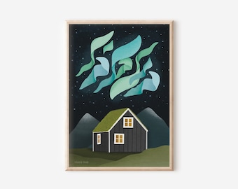 Northern Lights Poster Iceland Travel Art Print Scandinavia - Iceland House Aurora Borealis - Wall Decoration Iceland - Northern Lights Art Print Iceland