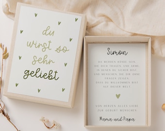 Geschenkschachtel zur Geburt "du wirst geliebt" grün - Geldgeschenk Baby neue Eltern - personalisiertes Geburtsgeschenk Baby