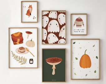 Posterset Herbst Kunstdruck Cozy Autumn - Wanddeko Herbst - Kinderposter Herbst - Kürbis Poster - Geschenk Herbst Geister Pilze