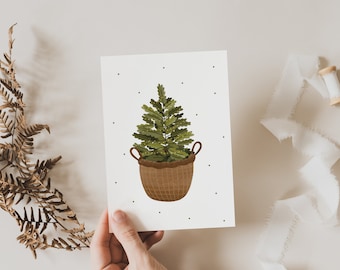 Christmas card Christmas tree in a basket - Christmas greeting card Fir tree - winter forest greeting card Christmas time postcard branch Pine Tree