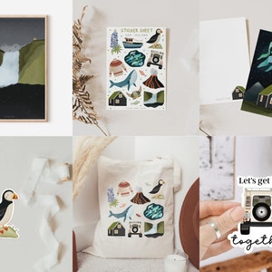May include: A set of Icelandic-themed illustrations featuring a puffin, a whale, a volcano, a house, a car, and a waterfall. The illustrations are printed on a tote bag, a sticker sheet, and a postcard. The text "Let's get lost together" is printed on a sticker.