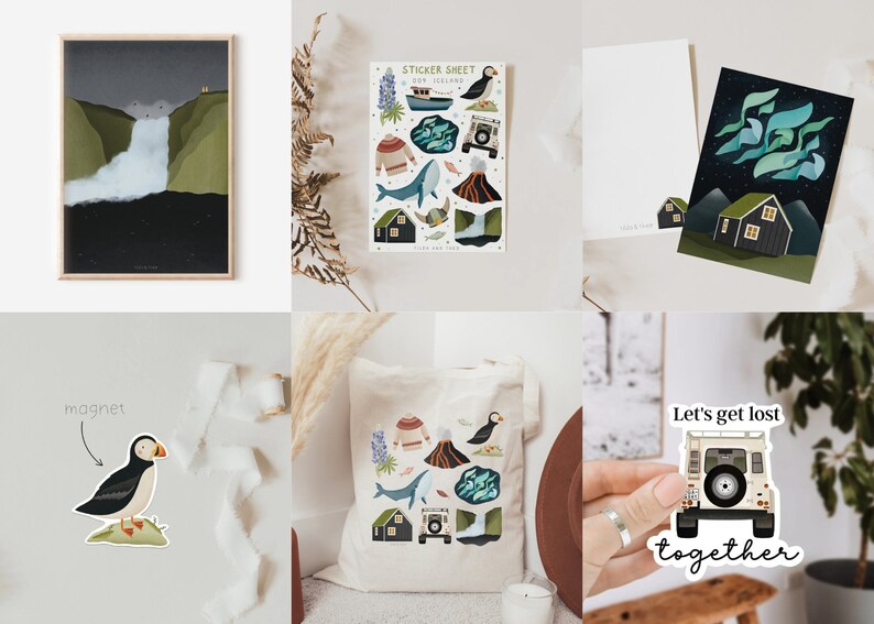 May include: A set of Icelandic-themed illustrations featuring a puffin, a whale, a volcano, a house, a car, and a waterfall. The illustrations are printed on a tote bag, a sticker sheet, and a postcard. The text "Let's get lost together" is printed on a sticker.