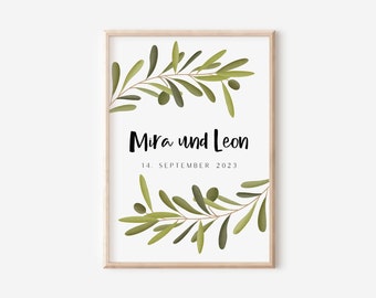 Wedding poster olive branches gift wedding poster wedding - wedding gift personalized - wedding anniversary gift simple