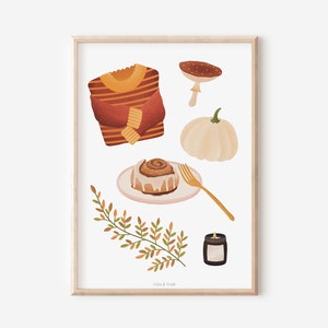 Poster Herbst Essentials Kunstdruck Pullover - Wanddeko Herbst - Kinderposter Herbst - Kürbis Poster - Geschenk Herbst