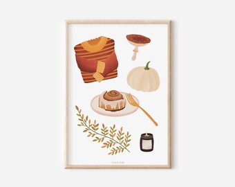 Poster Herbst Essentials Kunstdruck Pullover - Wanddeko Herbst - Kinderposter Herbst - Kürbis Poster - Geschenk Herbst
