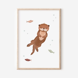 Poster Otter Kinderzimmer A4 / A3 Kinderposter Tiere - Babyzimmer Poster - Poster Otter im Wasser - Geschenk Geburt