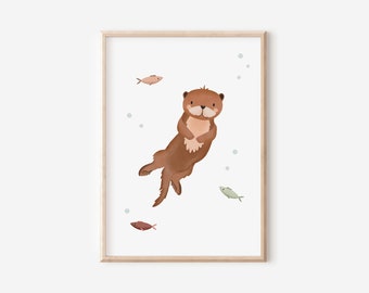 Poster Otter Kinderzimmer A4 / A3 Kinderposter Tiere - Babyzimmer Poster - Poster Otter im Wasser - Geschenk Geburt
