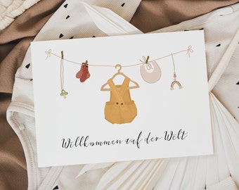 Birth card Baby clothes on the clothesline - baby card children's clothing - "Welcome to the world" - birth card