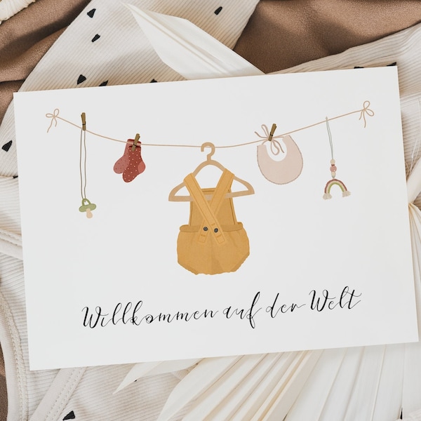 Birth card Baby clothes on the clothesline - baby card children's clothing - "Welcome to the world" - birth card