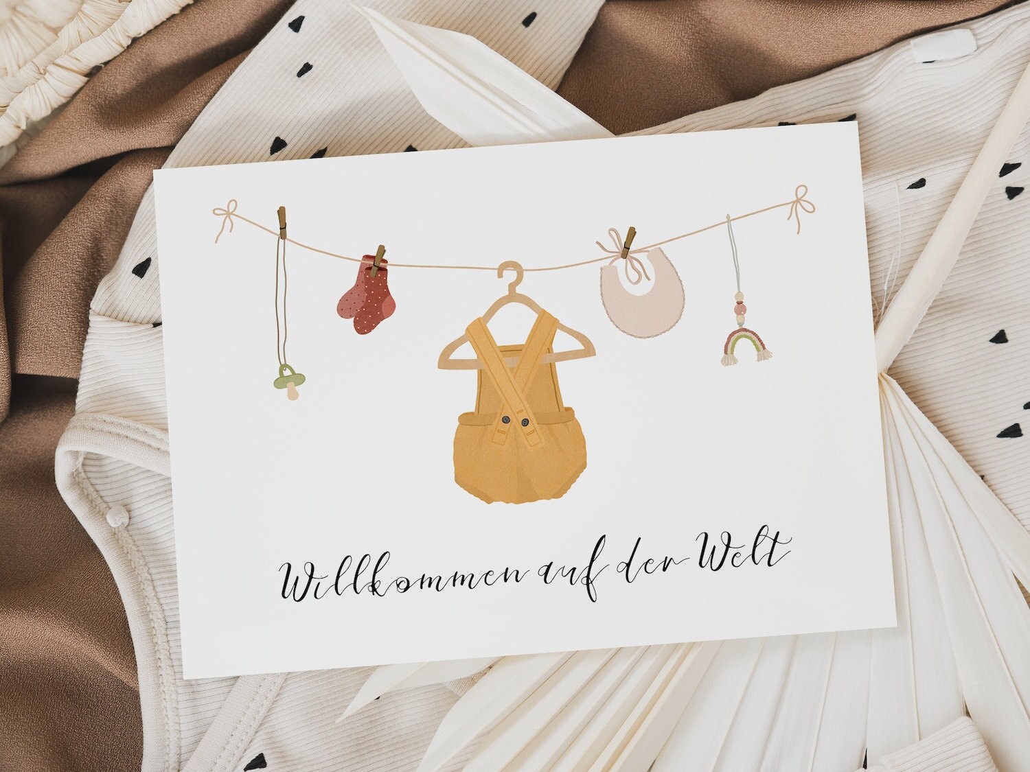 Birth card Baby clothes on the clothesline - Baby card Children's clothes - "Welcome to the world" - Birth card