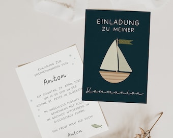 May include: Invitation to a First Communion celebration for Anton. The invitation features a blue background with a white sailboat and the text "Einladung zu meiner Kommunion".