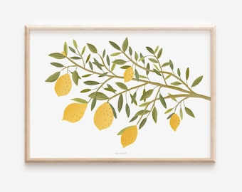 Poster Zitronenzweig Sommer Kunstdruck Italien Zitronen - Wanddeko Sommer - Sizilien Poster - Zitrone Poster - Geschenk Sommer
