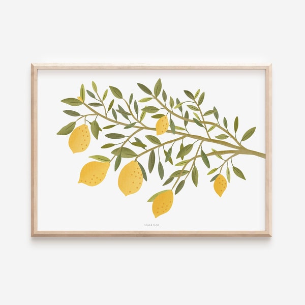 Poster lemon branch summer art print Italy lemons - wall decoration summer - Sicily poster - lemon poster - gift summer