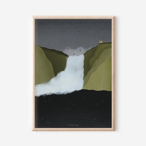Island Wasserfall Poster Reise Kunstdruck Skandinavien - Skogafoss Wasserfall - Wanddeko Island - Wasserfall Poster Kunstdruck Island