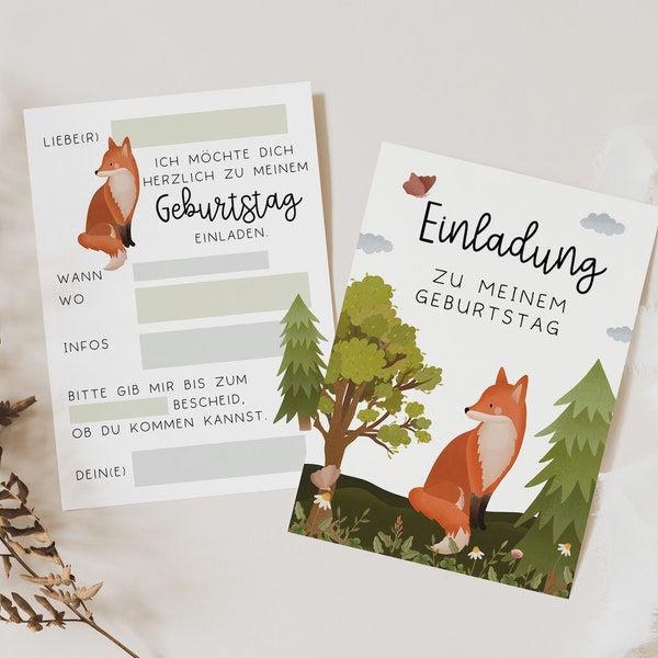 Einladungskarten Kindergeburtstag Wald Fuchs - Kindergeburtstagseinladung Wald-Party - Einladung zum Kindergeburtstag Waldtiere