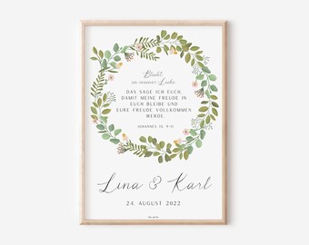 Póster de boda con corona de eucalipto, nombres y fechas - Póster de pareja, regalo de boda - Regalo de aniversario - Regalo de boda personalizado