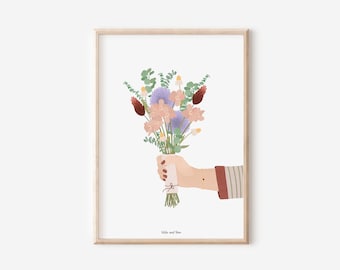 Poster Bouquet Poster Hand with Bouquet - Art Print Flowers - Housewarming Gift