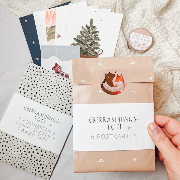 Überraschungstüte Postkarten Tilda&Theo Wundertüte mit Grußkarten, Stickern, Washitapes, Schreibwaren - Geschenktüte Mix aus dem Sortiment